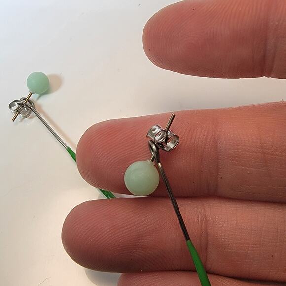 Mint Green Ceramic Barbell Earrings with Stainless Steel Posts, Minimalist - Picture 7 of 10